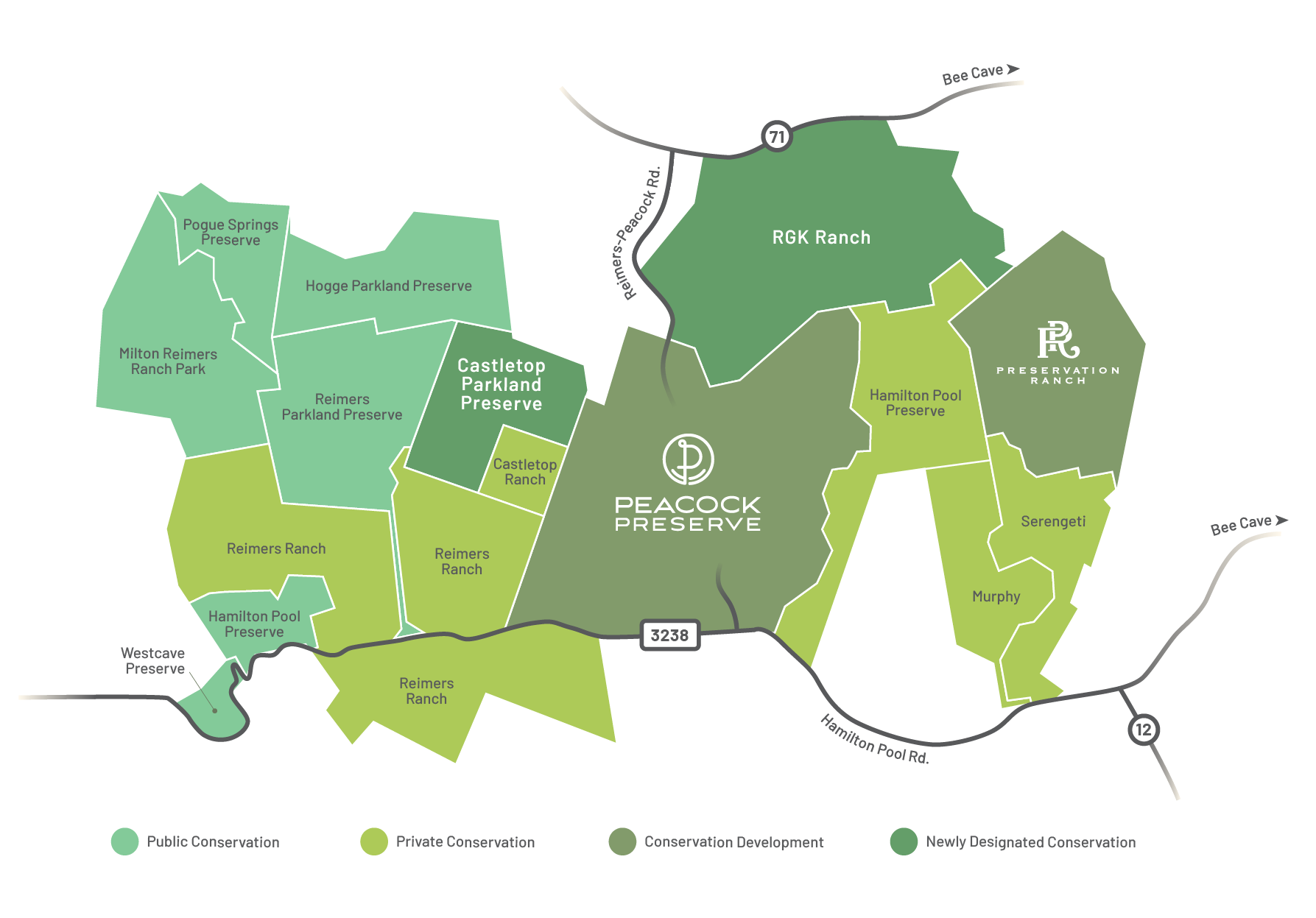 A graphic map illustrating the conservation land that Peacock Preserve is both a part of and surrounded by.