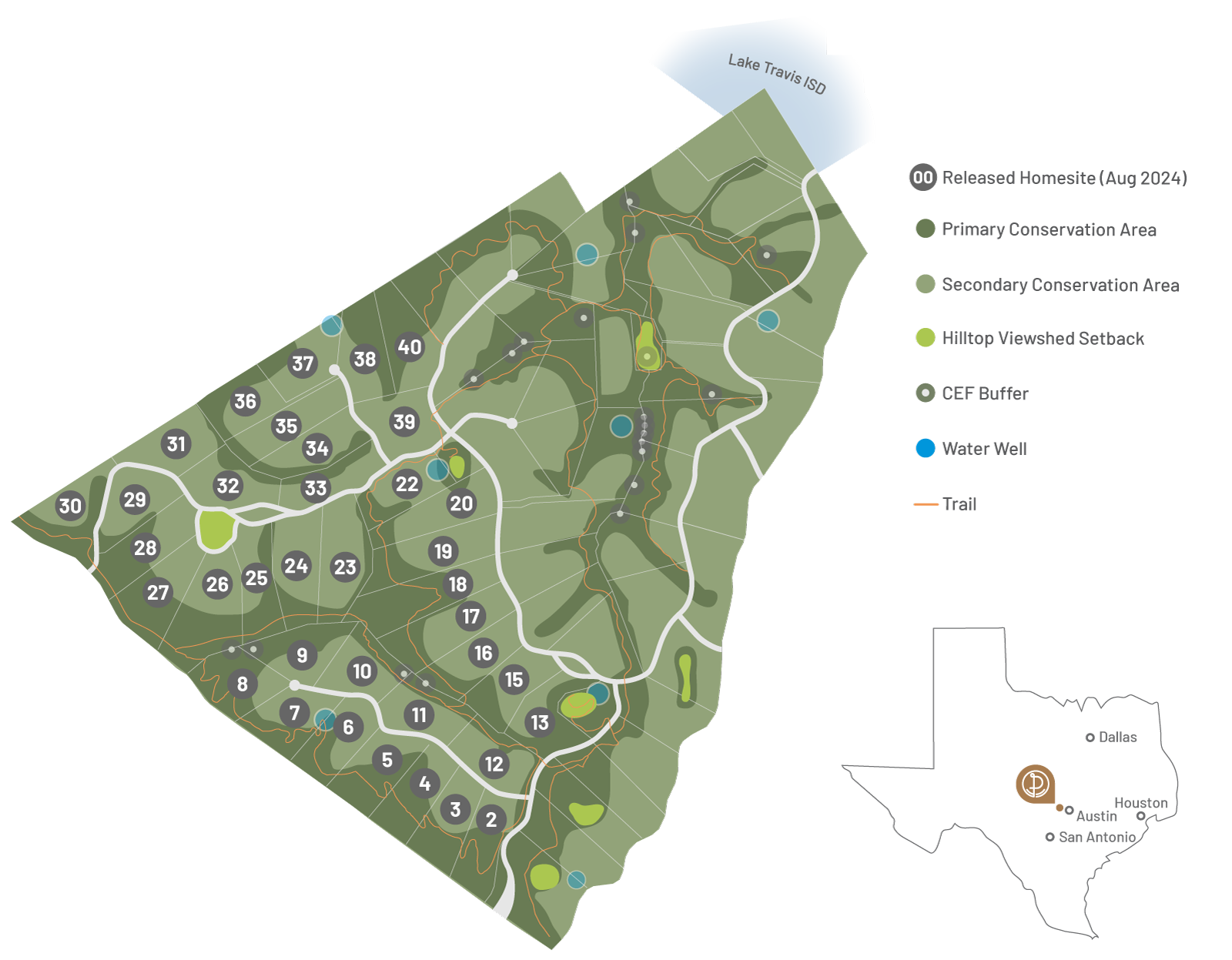 Map of Peacock Preserve's home sites, conservation areas, wells, trails, viewshed setbacks, and proximity to Texas' cities.