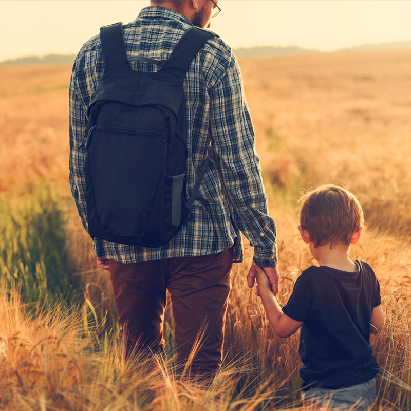 A man wearing a backpack and a plaid shirt walks hand in hand with a young child through a golden wheat field at sunset. The warm light of the setting sun casts a soft glow over the field, creating a peaceful and intimate moment between the two as they walk along a path through the tall grass.