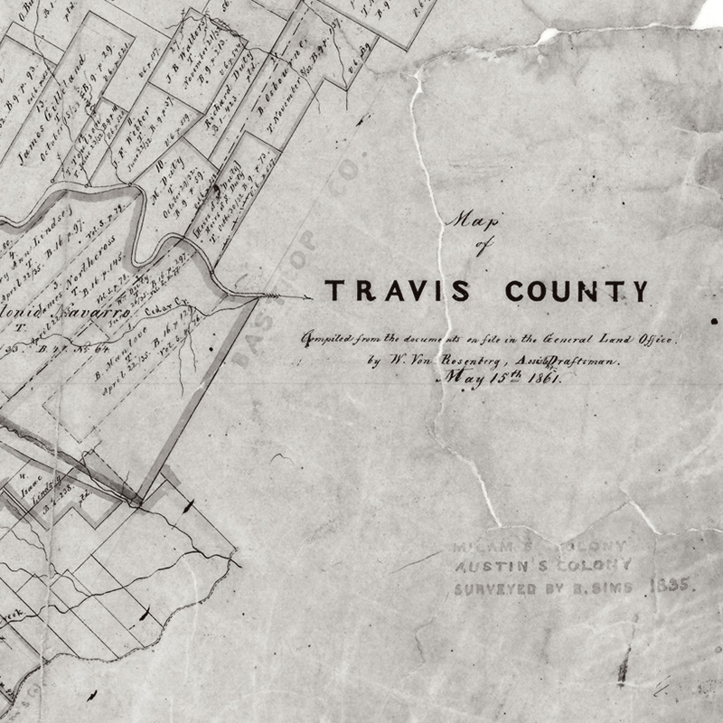 A vintage map of Travis County, Texas, dated May 15, 1861. The map shows land divisions, property boundaries, and handwritten notations. It appears aged and worn, with visible creases and faded text.