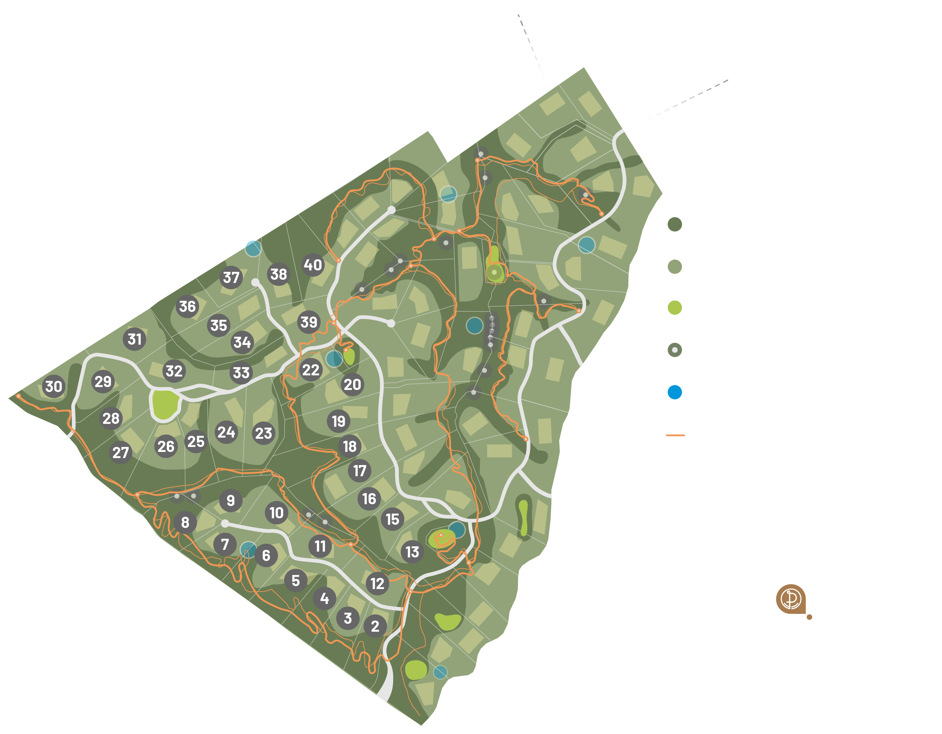 Map of Peacock Preserve's home sites, conservation areas, wells, trails, viewshed setbacks, and proximity to Texas' cities.